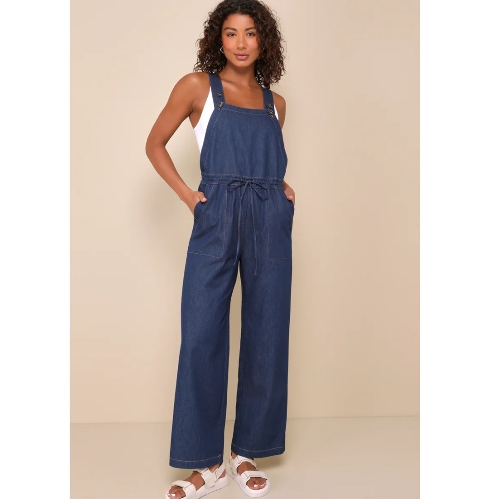 NWT Lulus Effortless Persona Dark Wash Chambray Wide Leg Jumpsuit Cotton Medium